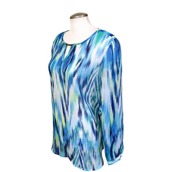 Chicos Womens 3 US XL Sheer Blouse Tunic Blue Tie Dye Stripe Keyhole Long Sleeve - Picture 3 of 7